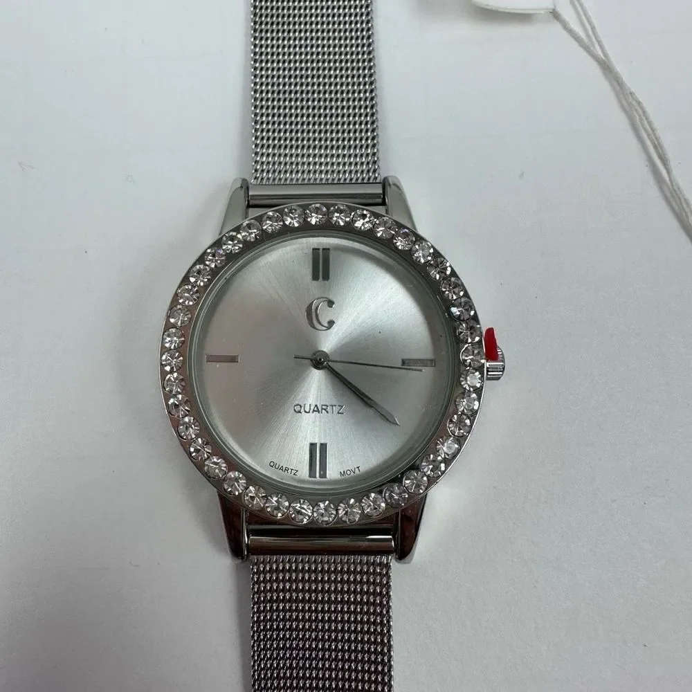 Charming Charlie Womens Wrist Watch Round Crystal Analog‎ Mesh Band Silver Tone